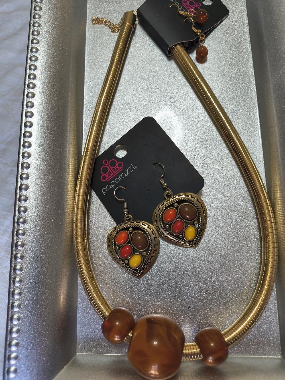 Paparazzi Gold-Tone Wood Look Bead Necklace & Multicolor Teardrop Earrings Set